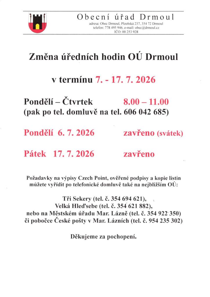 Změna úředních hodin 7. - 17. 7. 2026